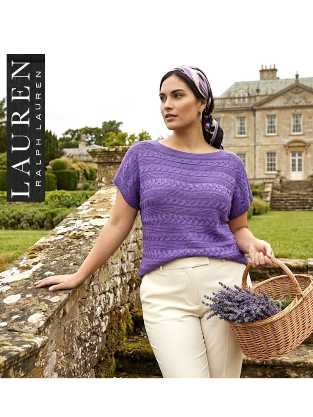 LAUREN by RALPH LAUREN - Classic cotton blend cable knit royal purple sweater